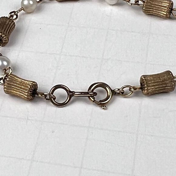 Vintage 7" 20-12K Gold GF 5 Cultured Pearls Gold Ribbed Tubes Bracelet - Picture 5 of 6